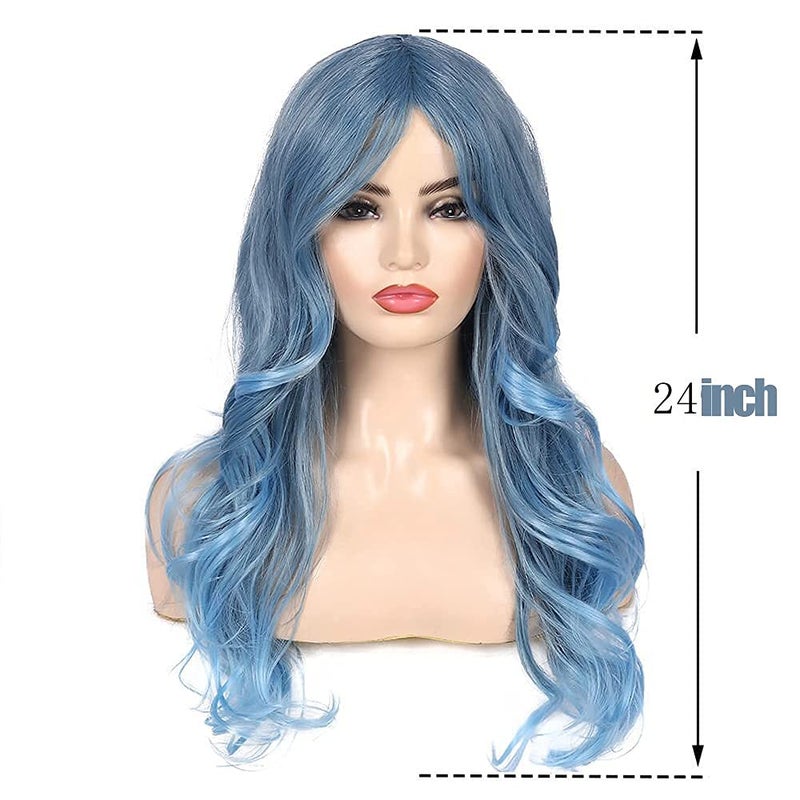 Beweig Blue Wig for Women Long Curly Wavy Pastel Blue Wig Side Part Synthetic Halloween Cosplay Wig with Wig Cap - Image 3